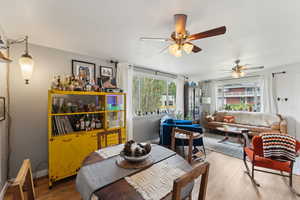 Dining space featuring light wood-type flooring, a ceiling fan, healthy amount of natural light, and baseboards