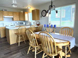 Dining space with dark wood finished floors and a textured ceiling