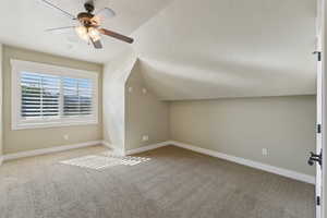 Additional living space featuring carpet, ceiling fan, baseboards, and vaulted ceiling