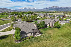 Aerial view of residential area featuring mountains