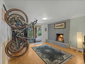 Living room with a fireplace, wood-type flooring, and baseboards