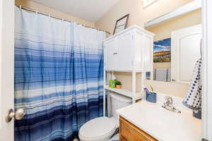 Full bathroom featuring toilet, vanity, a textured ceiling, and a shower with curtain