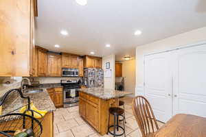 Kitchen with appliances with stainless steel finishes, a sink, stone countertops, a kitchen breakfast bar, and recessed lighting