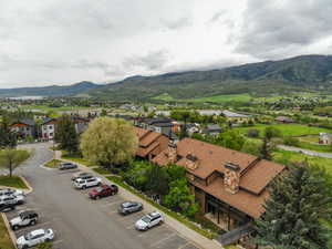 Aerial view of residential area with mountains