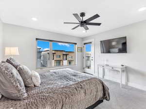 Carpeted bedroom featuring baseboards, recessed lighting, access to exterior, and a ceiling fan
