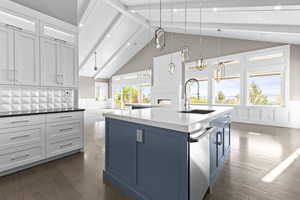 Kitchen with a sink, dark wood-type flooring, an island with sink, a wainscoted wall, and stainless steel dishwasher
