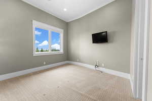 Unfurnished living room featuring carpet flooring and crown molding