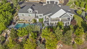 View from above of property featuring a pool