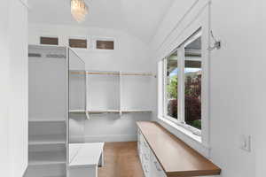 Spacious closet featuring vaulted ceiling, light carpet, and a chandelier