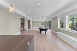 Playroom featuring recessed lighting, billiards, light tile patterned flooring, baseboards, and a ceiling fan