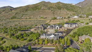 Aerial view of property's location with nearby suburban area and a mountain backdrop