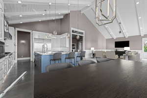 Dining space with dark wood finished floors, high vaulted ceiling, and a wood ceiling with exposed beams