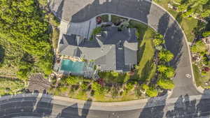 Aerial view of property's location featuring a pool