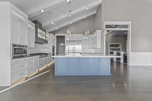 Kitchen featuring built in appliances, a sink, beamed ceiling, white cabinetry, and backsplash