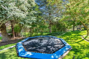 View of grassy yard featuring a trampoline