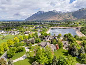 Aerial view of residential area with a water and mountain view