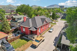 Aerial view of residential area with mountains