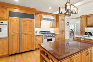Kitchen featuring range hood, high end appliances, a sink, light wood floors, and recessed lighting