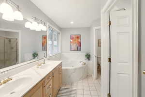 Primary bathroom with toilet, a bath, tile patterned floors, a shower stall, and double vanity