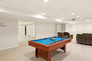 Game room with carpet, recessed lighting, billiards, and baseboards