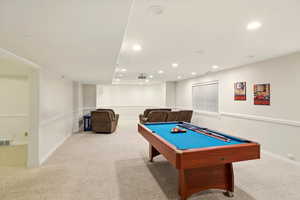 Game room with carpet floors, recessed lighting, baseboards, and billiards table