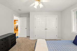 Carpeted bedroom with multiple windows, a closet, a ceiling fan, and baseboards