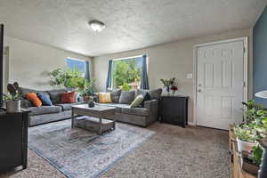 Living area with carpet floors and a textured ceiling
