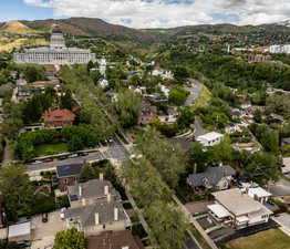Aerial view of residential area with a mountain backdrop