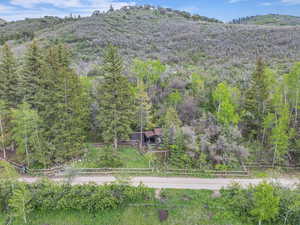Aerial view of property and surrounding area featuring a heavily wooded area and mountains