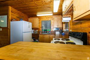 Kitchen with electric range oven, freestanding refrigerator, wooden walls, wooden ceiling, and a sink