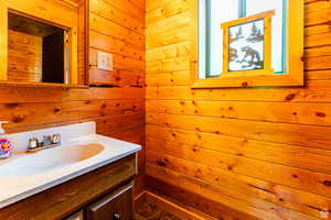 Bathroom featuring wood walls and vanity