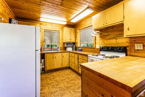 Kitchen featuring white appliances, wooden ceiling, wood walls, wood counters, and a sink