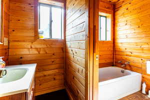 Bathroom with wood walls, healthy amount of natural light, a bathtub, and vanity