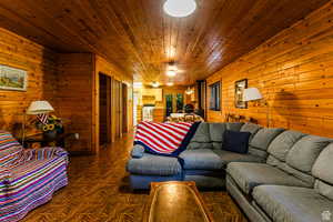 Living room featuring wooden walls and wood ceiling