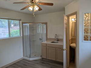 Full bath featuring a sink, a shower stall, wood finished floors, and ceiling fan