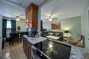 Smooth top kitchen range and granite counters.