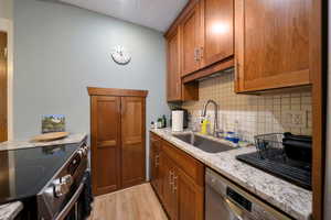 Kitchen with stainless steel appliances, a sink, decorative backsplash, dishwasher and small pantry
