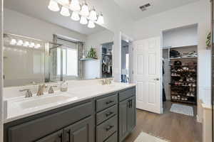 Bathroom featuring wood finished floors, double vanity, a walk in closet, and a shower with shower door