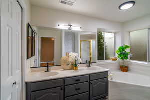 Full bathroom featuring a shower stall, double vanity, and a garden tub