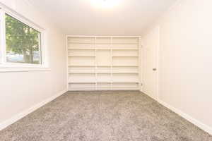 Carpeted spare room featuring crown molding and baseboards