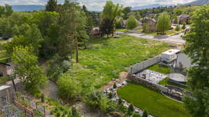 Aerial perspective of suburban area with mountains