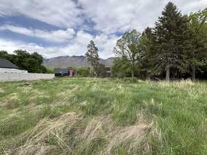 View of yard with a mountain view and fence