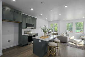 Kitchen with appliances with stainless steel finishes, dark wood-type flooring, open floor plan, light countertops, and green cabinetry