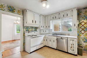 Kitchen featuring dishwasher, electric stove, a sink, wallpapered walls, and a chandelier