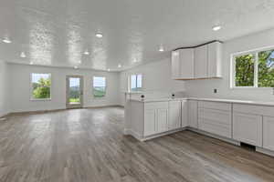 Kitchen with wood finished floors, open floor plan, recessed lighting, a peninsula, and a textured ceiling