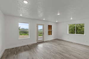 Spare room featuring wood finished floors, healthy amount of natural light, baseboards, a textured ceiling, and recessed lighting