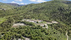 Aerial view of property's location featuring a heavily wooded area and a mountain backdrop