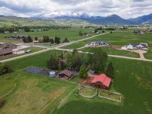 Overview of rural landscape with a mountain backdrop