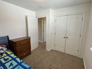 Carpeted bedroom featuring a closet and a textured ceiling