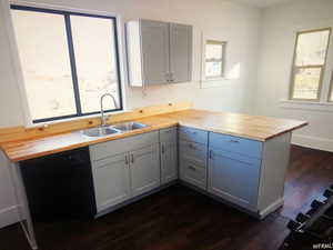 Kitchen featuring butcher block counters, a sink, dishwasher, and dark wood finished floors